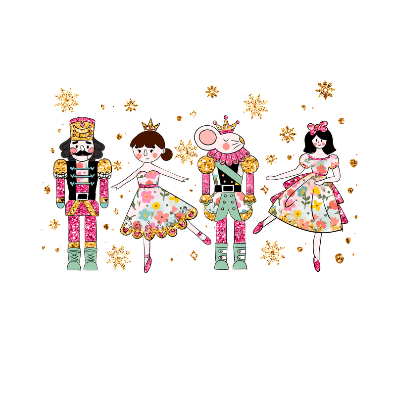 A whimsical illustration featuring a charming ensemble of nutcracker characters and dancers, adorned in vibrant floral patterns and sparkles.DTF Transfers dtf transfers