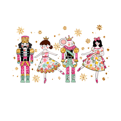 A whimsical illustration featuring a charming ensemble of nutcracker characters and dancers, adorned in vibrant floral patterns and sparkles.DTF Transfers dtf transfers