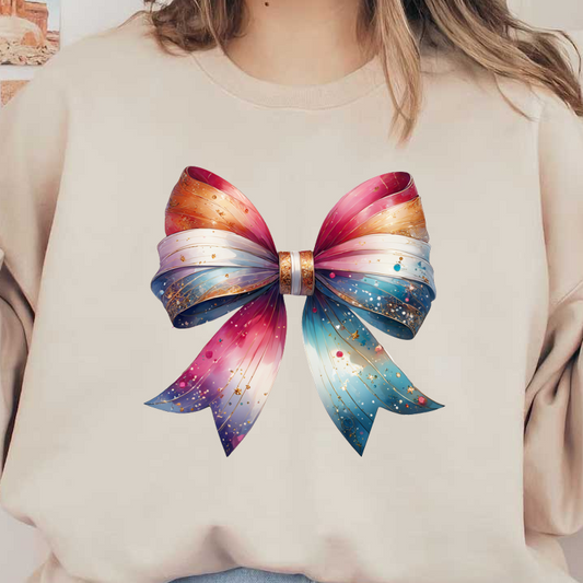 A beautifully crafted, multicolored ribbon bow featuring shimmering gold accents and a gradient of warm to cool tones. heat press transfers