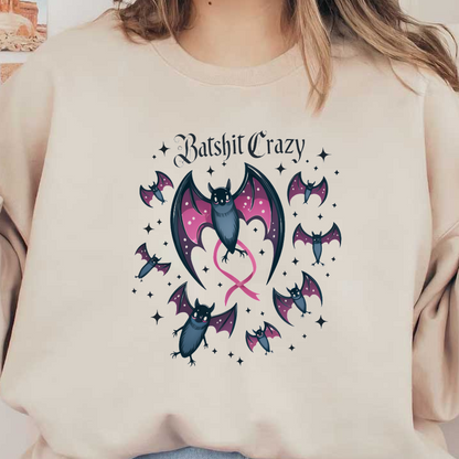 Un diseño caprichoso que presenta simpáticos murciélagos en varias poses con la divertida frase "Batshit Crazy" encima de ellos.