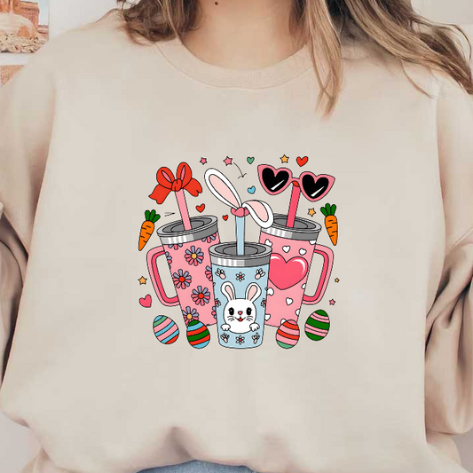 A cheerful illustration of three colorful drinks adorned with cute bunny and floral designs, surrounded by Easter eggs and playful elements.DTF Transfers