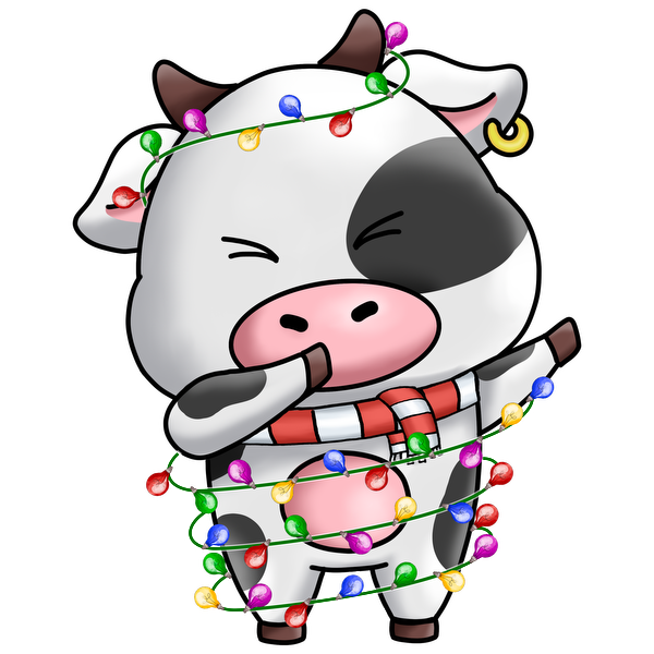 A cute cartoon cow wrapped in colorful Christmas lights, wearing a striped scarf and playfully shushing. heat press transfers