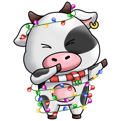 A cute cartoon cow wrapped in colorful Christmas lights, wearing a striped scarf and playfully shushing. heat press transfers