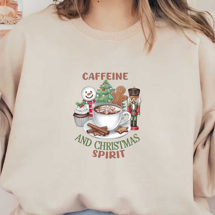 A festive illustration featuring a cozy cup of coffee, holiday treats, and cheerful decorations highlighting the Christmas spirit. dtf transfers