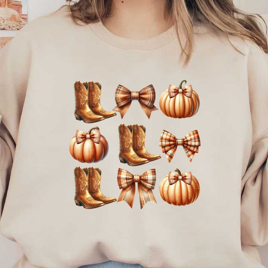 A charming collection of cowboy boots, plaid bows, and pumpkins, perfect for a cozy autumn vibe! dtf transfers