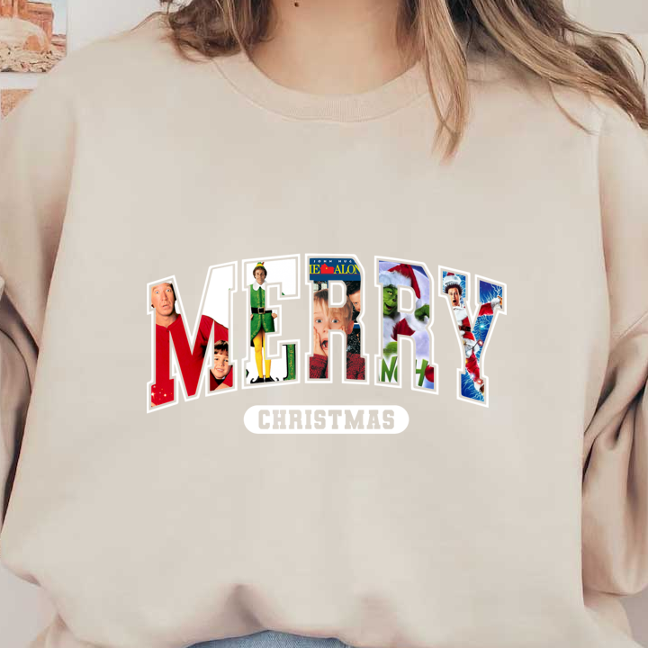 A festive "Merry Christmas" design featuring iconic characters from popular holiday movies, perfect for celebrating the season.DTF Transfersdtf regular iron