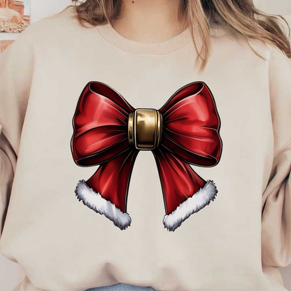 A festive red bow adorned with a shiny gold center and fluffy white trim, perfect for holiday decorations. heat press transfers