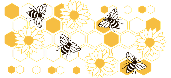 A vibrant design featuring sunflowers, honeycomb patterns, and bees in warm yellow and dark tones, celebrating nature's beauty.UV Transfers heat press transfers