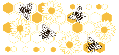 A vibrant design featuring sunflowers, honeycomb patterns, and bees in warm yellow and dark tones, celebrating nature's beauty.UV Transfers heat press transfers