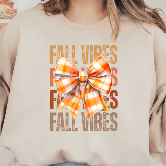 Un alegre lazo a cuadros naranja y blanco con las palabras "Fall Vibes" en el fondo, ¡perfecto para la decoración de otoño!