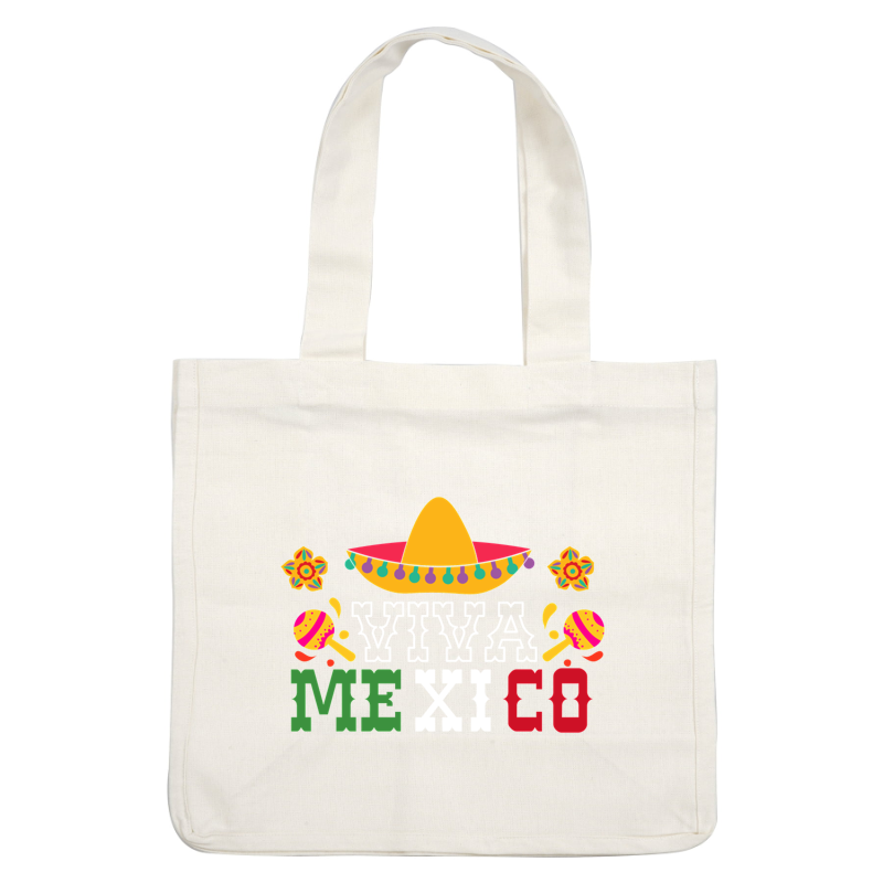 Celebrate Mexican culture with this vibrant design featuring a sombrero, maracas, and the phrase "Viva Mexico!" in bold colors. heat press transfers