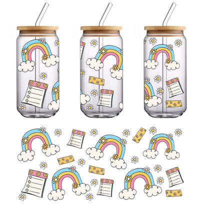 A cheerful design featuring colorful rainbows, fluffy clouds, and playful daisies, perfect for brightening up notes or stationery.UV Transfers dtf prints