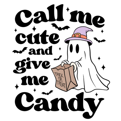 A playful ghost character wearing a purple hat holds a "Trick or Treat" bag, perfect for Halloween fun! dtf transfers