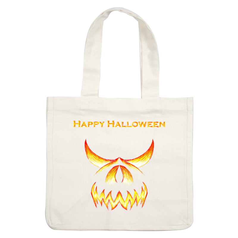 A fiery, Halloween-themed graphic featuring ominous horns and an evil grin, topped with “Happy Halloween” in bold letters.dtf regular iron