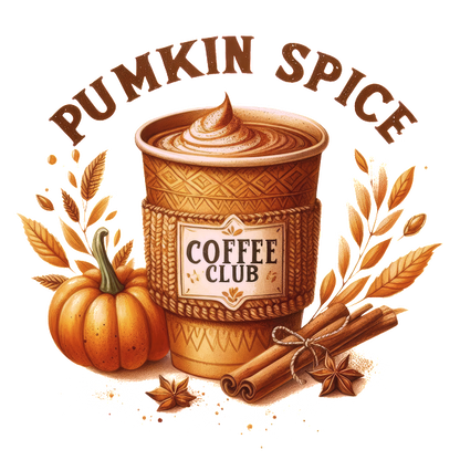 Cozy up with this pumpkin spice latte, topped with creamy swirls and accompanied by a festive pumpkin and cinnamon sticks. dtf prints