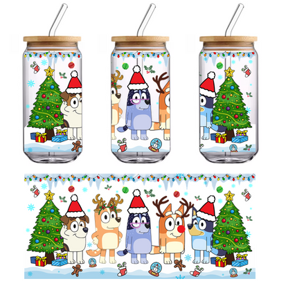 A festive gathering of cheerful cartoon dogs in Christmas hats, surrounded by trees, decorations, and gifts in a snowy setting.UV Transfers heat press transfers