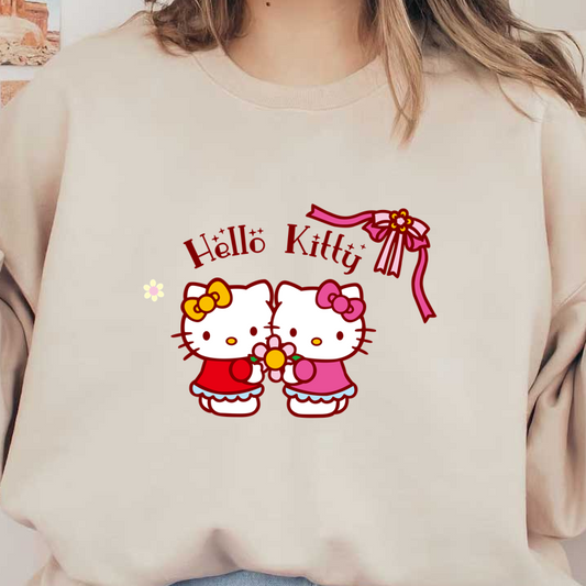 Adorable illustration of two Hello Kitty characters holding a flower, adorned with colorful bows and the playful text "Hällö Kittij."DTF Transfers