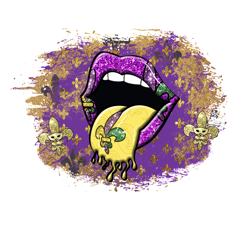 A vibrant and colorful illustration featuring sparkling purple lips and a gold tongue, adorned with playful fleur-de-lis motifs.DTF Transfers