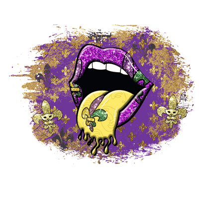 A vibrant and colorful illustration featuring sparkling purple lips and a gold tongue, adorned with playful fleur-de-lis motifs.DTF Transfers