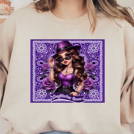 A stylish animated character in purple attire and sunglasses strikes a pose against a floral purple background, exuding confidence. heat press transfers