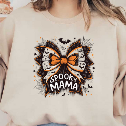 Una vibrante ilustración con temática de Halloween que presenta un gran lazo negro y naranja con el texto "Spooky Mama" en una fuente divertida.