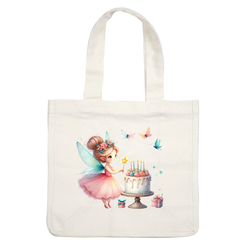 A charming fairy in a pink dress decorates a colorful birthday cake with flowers and candles, surrounded by butterflies and gifts.DTF Transfers