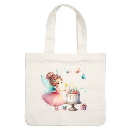 A charming fairy in a pink dress decorates a colorful birthday cake with flowers and candles, surrounded by butterflies and gifts.DTF Transfers