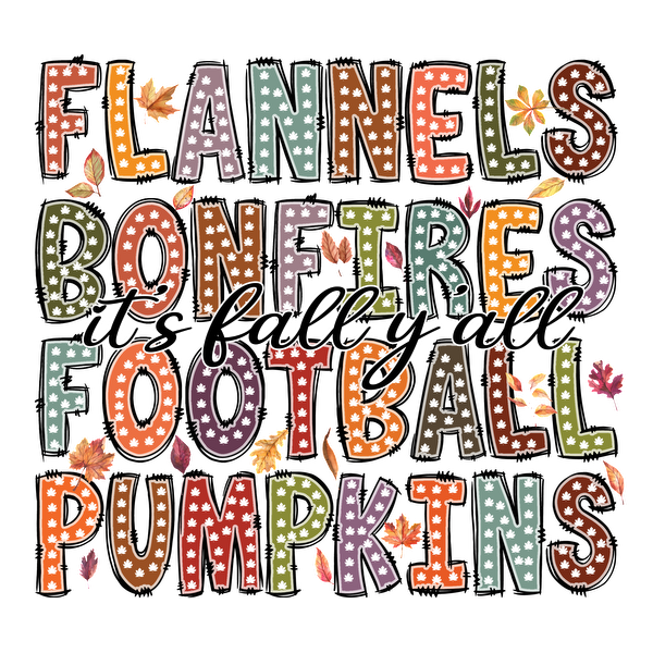 Celebre el otoño con este diseño vibrante que muestra palabras clave como "Franelas", "Fútbol", "Calabazas" y "Fogatas", ¡perfectas para la temporada!