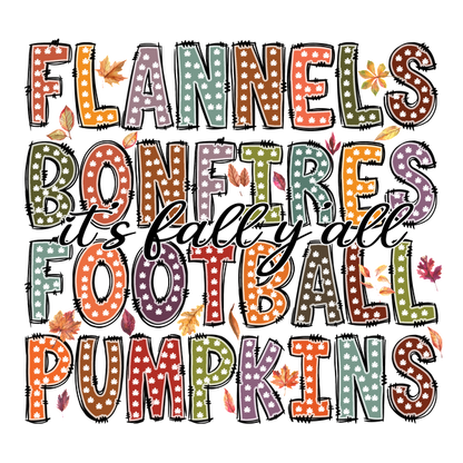 Celebre el otoño con este diseño vibrante que muestra palabras clave como "Franelas", "Fútbol", "Calabazas" y "Fogatas", ¡perfectas para la temporada!