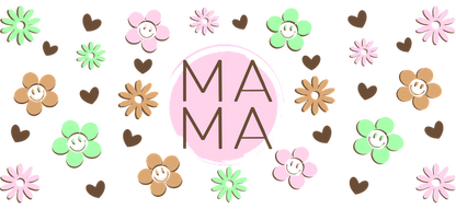 A cheerful and colorful design featuring flowers and hearts, centered around the word "MAMA" in a playful font.UV Transfers dtf transfers