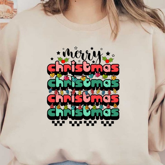 A festive design featuring the word "Christmas" in colorful fonts, adorned with cheerful light bulbs and holly leaves. dtf prints