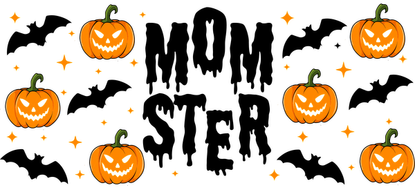 A festive Halloween design featuring cheerful orange pumpkins with playful faces and sparkling stars on a dark background.UV Transfers dtf transfers