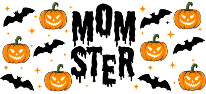 A festive Halloween design featuring cheerful orange pumpkins with playful faces and sparkling stars on a dark background.UV Transfers dtf transfers