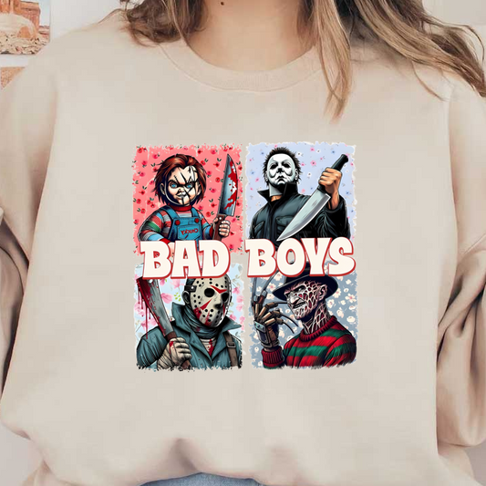 A vibrant graphic featuring iconic horror villains, including Chucky, Michael Myers, Jason Voorhees, and Freddy Krueger, with "BAD BOYS" prominently displayed. dtf transfers