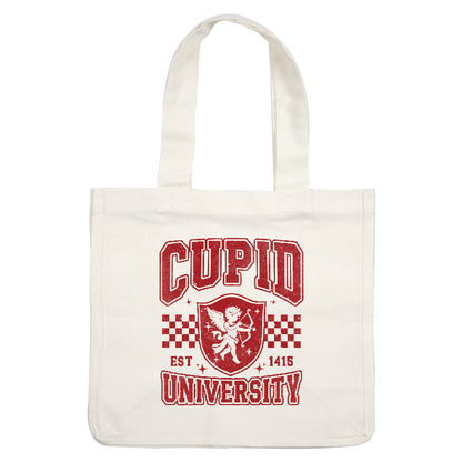 A playful logo featuring "Cupid University," established in 1415, with a cherubic figure and vintage-style graphics.DTF Transfers