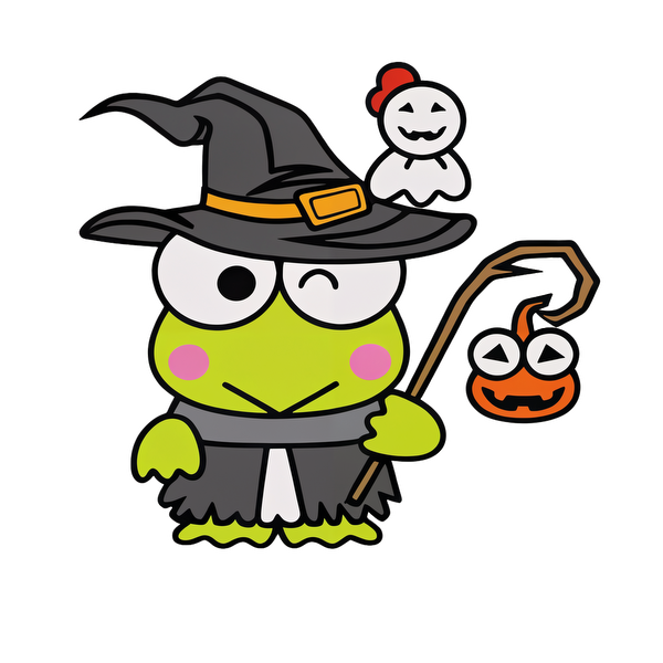 A whimsical green frog in a witch's hat and cloak holds a spooky lantern, accompanied by a friendly ghost.DTF Transfersdtf regular iron