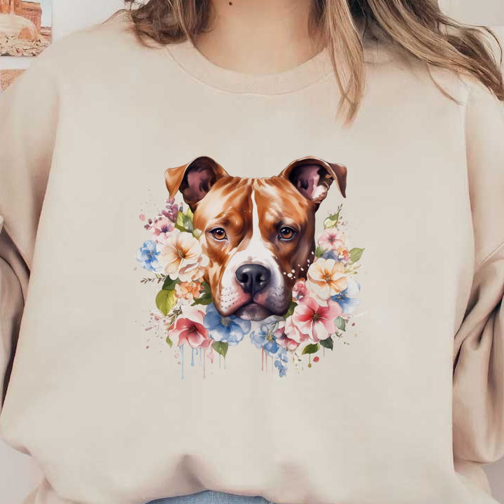 Un retrato bellamente ilustrado de un perro rodeado de flores vibrantes, que captura la expresión gentil y el encanto del perro.