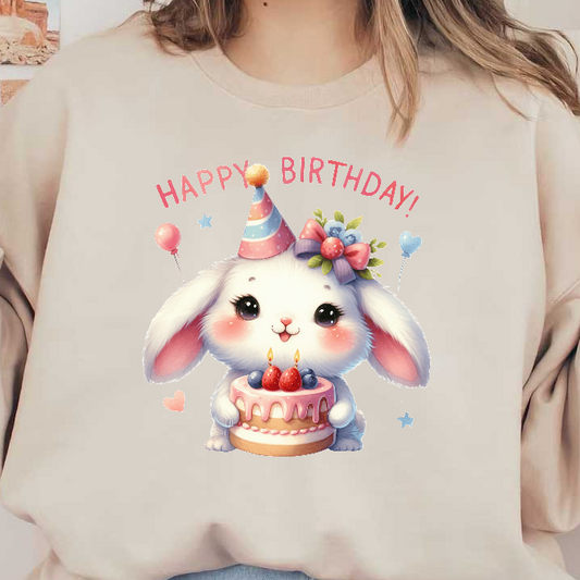 A cute, fluffy bunny wearing a party hat holds a colorful birthday cake, complete with candles and festive decorations.DTF Transfers