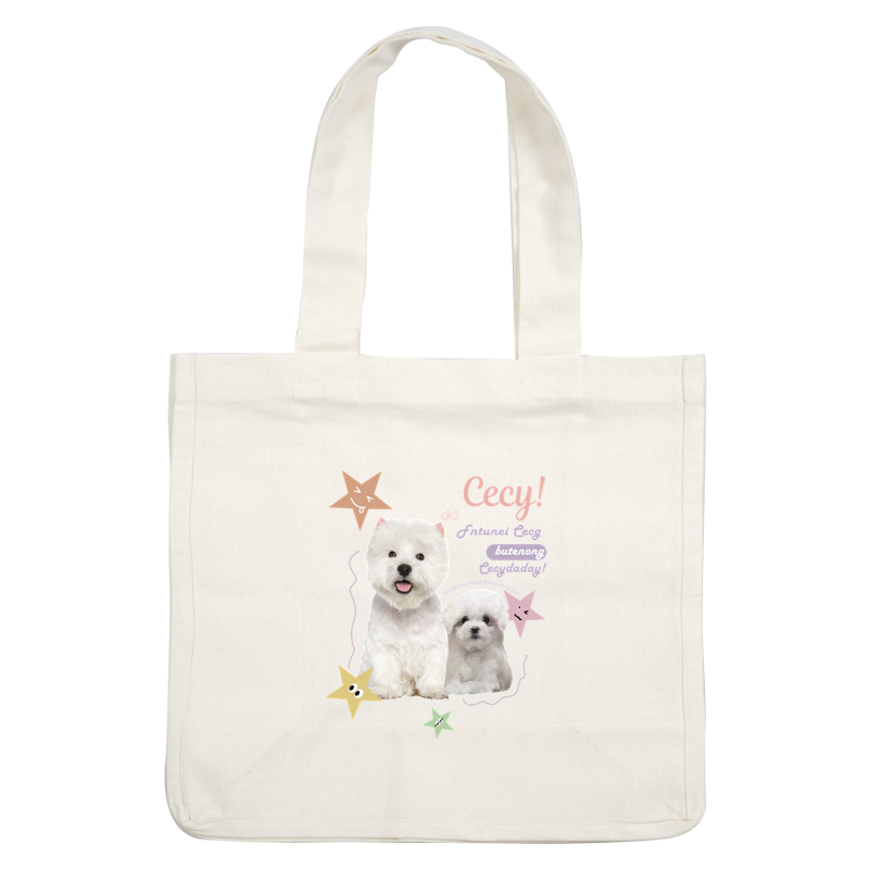 ¡Se presentan dos adorables perros blancos con estrellas divertidas y un texto encantador que celebra su ternura y amistad!