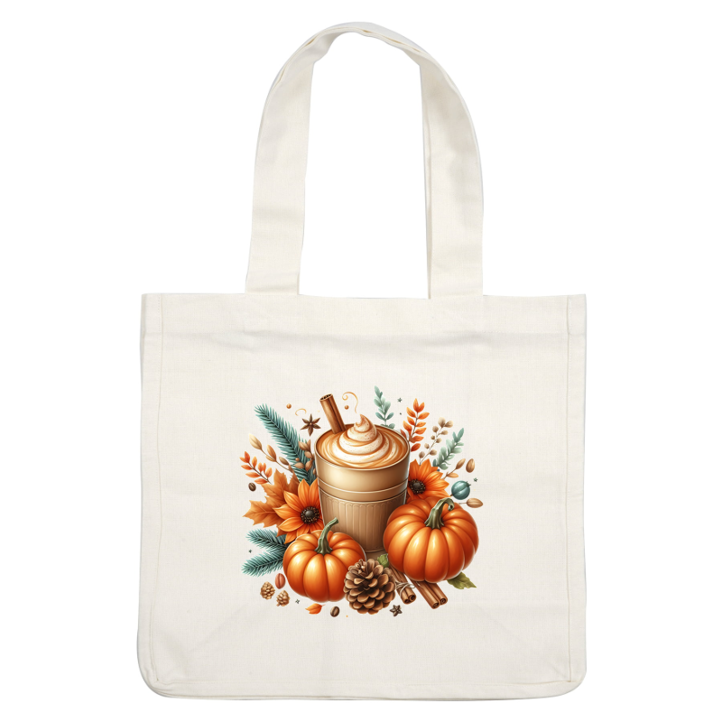 Una acogedora ilustración inspirada en el otoño que presenta una bebida con especias de calabaza, rodeada de calabazas, girasoles y un vibrante follaje otoñal.