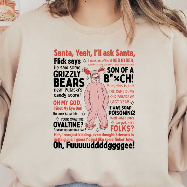 A humorous design featuring a character in a rabbit onesie, with playful quotes referencing a classic holiday movie and nostalgic gifts.DTF Transfers dtf prints