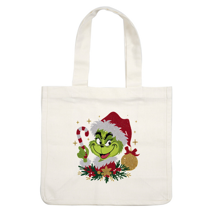 This festive design features the Grinch in a red Santa hat, holding a candy cane amidst Christmas decorations and greenery.DTF Transfers