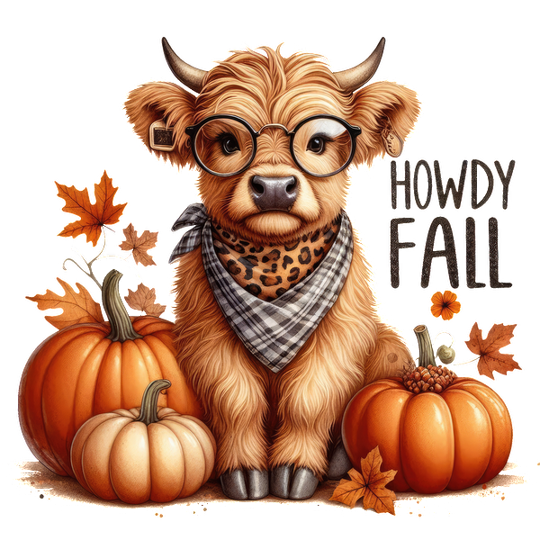 A charming anthropomorphic cow sporting glasses and a stylish scarf, surrounded by vibrant pumpkins and autumn leaves.dtf regular iron