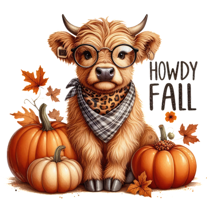 A charming anthropomorphic cow sporting glasses and a stylish scarf, surrounded by vibrant pumpkins and autumn leaves.dtf regular iron