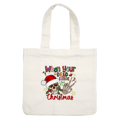 This whimsical Christmas design features colorful text and festive elements, combining holiday cheer with a playful skeleton hand motif.DTF Transfers