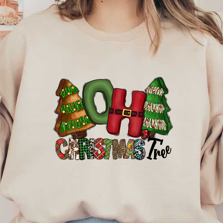 Cheerful Christmas-themed design featuring playful letters and decorated trees, embodying festive spirit and joyful holiday vibes.DTF Transfers dtf prints