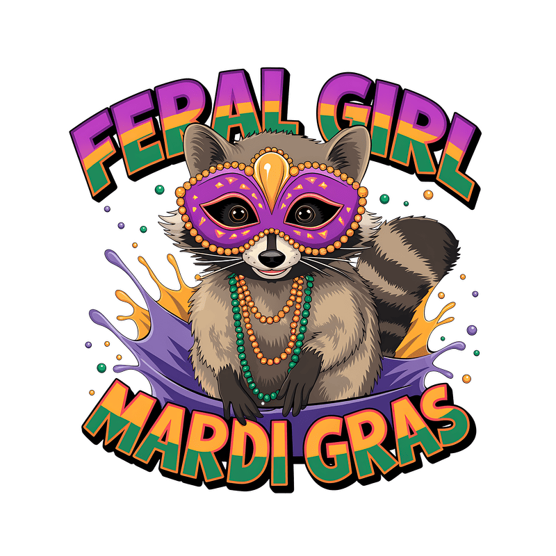 Festive raccoon wearing a colorful mask and beads, celebrating Mardi Gras with the playful caption "Feral Girl Mardi Gras."DTF Transfers