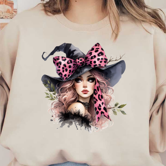 A fashionable witch with long, wavy hair, wearing a black hat adorned with a bold leopard print bow and decorative foliage. dtf prints