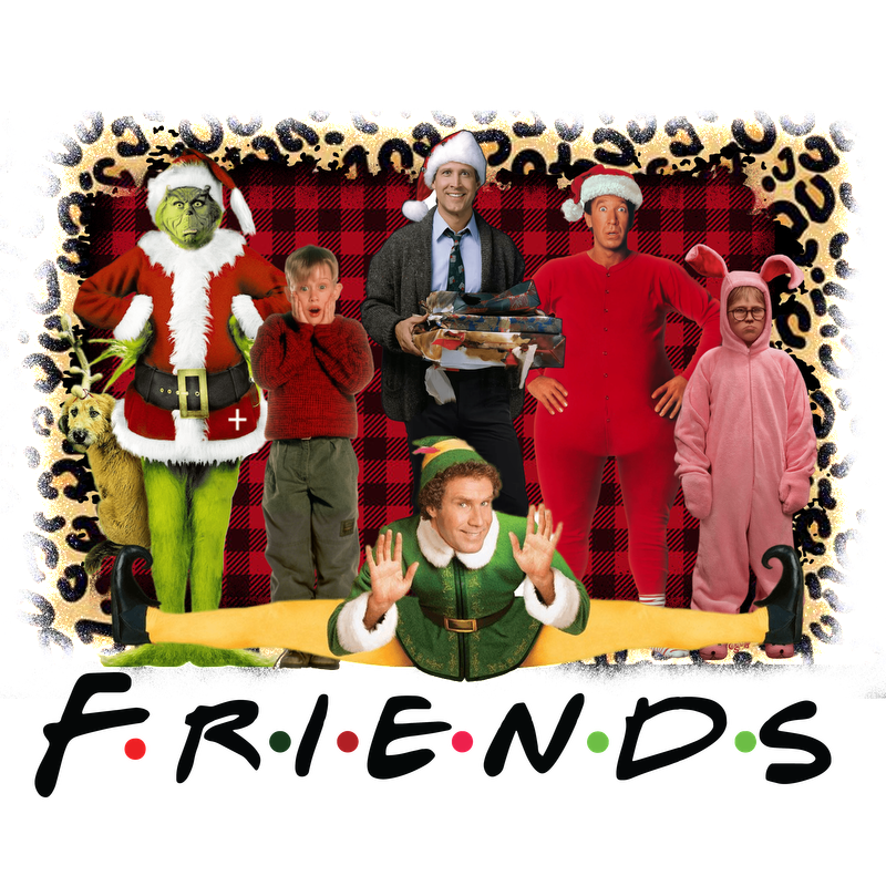 A festive holiday-themed graphic featuring characters in playful costumes, set against a vibrant plaid background with "FRIENDS" text.DTF Transfers heat press transfers dtf transfers