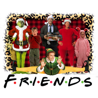 A festive holiday-themed graphic featuring characters in playful costumes, set against a vibrant plaid background with "FRIENDS" text.DTF Transfers heat press transfers dtf transfers